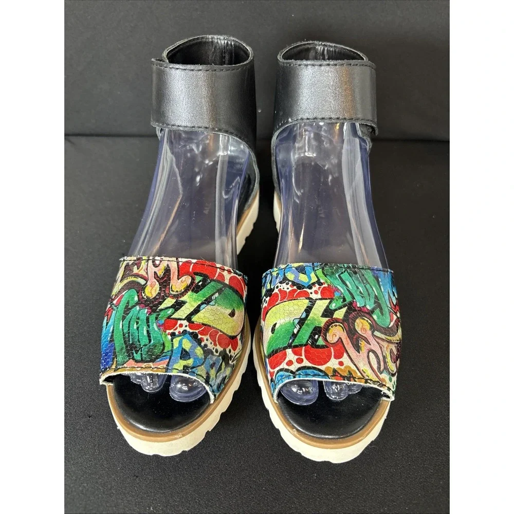All Black Brand Sandals in Vibrant Multi Color Art Graffiti Print, Size‎ 6
